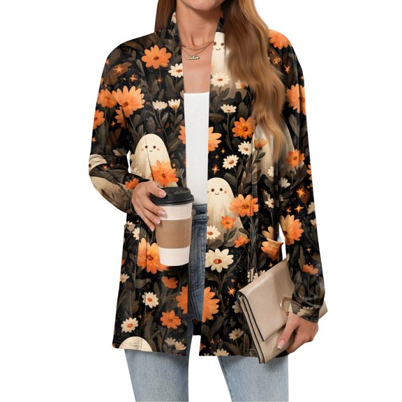 WTOBBY Women's Lightweight Open Front Cardigan Sweater Long Sleeve Casual Loose Thin Knit With Pockets Halloween Print Cover Up Top For Fall Layering,Yellow S