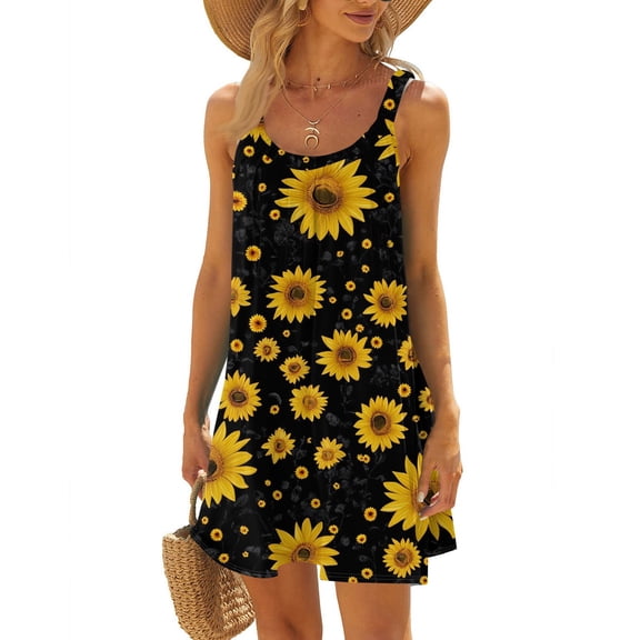 WTOBBY Women's Lightweight Sleeveless Scoop Neck Floral Print Beach Dress with Side Pockets,Black 2XL