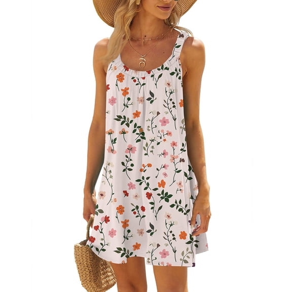 WTOBBY Women's Lightweight Sleeveless Scoop Neck Floral Print Beach Dress with Side Pockets,Pink 2XL