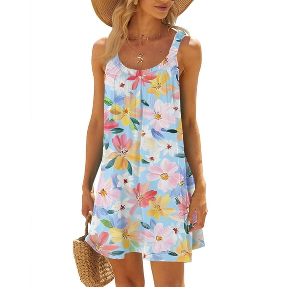 WTOBBY Women's Lightweight Sleeveless Scoop Neck Floral Print Beach Dress with Side Pockets,Sky Blue L