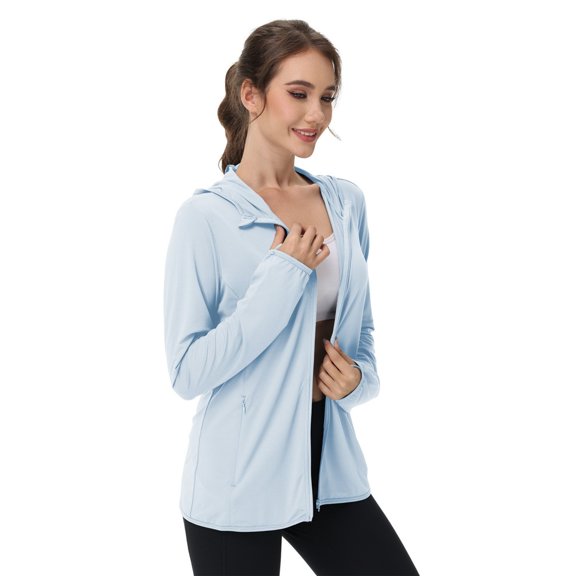 WTOBBY Women's Lightweight UPF 50+ Hooded Sun Protection Jacket - Long Sleeve Cooling Ice Silk Shirt with Zipper & Pockets for Hiking and Summer Outdoor ,Cyan XS
