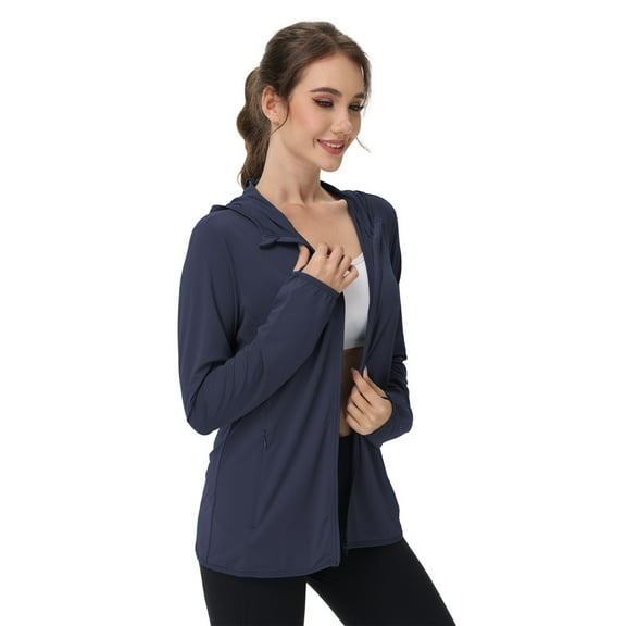 WTOBBY Women's Lightweight UPF 50  Hooded Sun Protection Jacket - Long Sleeve Cooling Ice Silk Shirt with Zipper & Pockets for Hiking and Summer Outdoor ,Dark Blue XS
