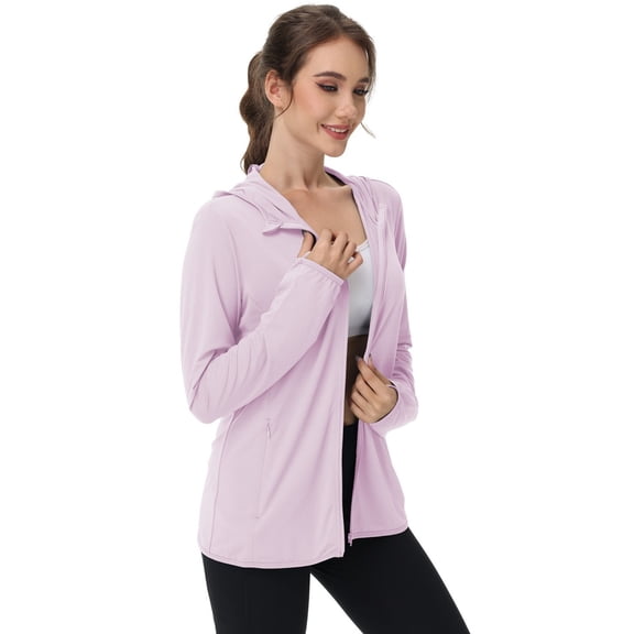 WTOBBY Women's Lightweight UPF 50+ Hooded Sun Protection Jacket - Long Sleeve Cooling Ice Silk Shirt with Zipper & Pockets for Hiking and Summer Outdoor ,Pink XS