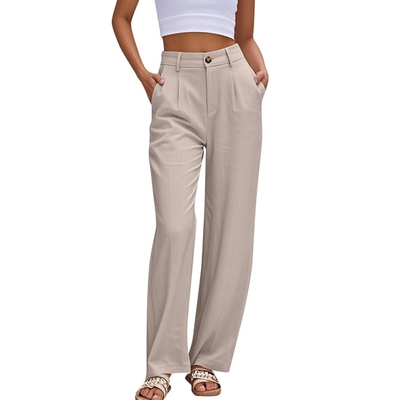 WTOBBY Women's Linen Casual High Waist Wide Leg Straight Cotton Button Trousers with Comfortable Fit for Fashionable Summer Outfits ,Khaki S