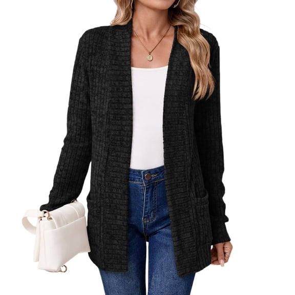 WTOBBY Women's Long Cardigan Sweater Coat Open Front Knit Top Lightweight Casual Cover Up Mid Length Pocket Outerwear Solid Color Loose Fit for Spring Fall Layering,Black S