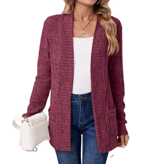 WTOBBY Women's Long Cardigan Sweater Coat Open Front Knit Top Lightweight Casual Cover Up Mid Length Pocket Outerwear Solid Color Loose Fit for Spring Fall Layering,Wine S