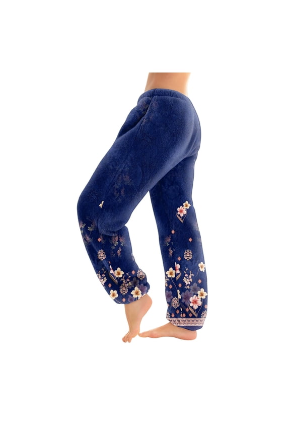 Women's Long Pants with Cuffed Hem and Retro Print, Suitable as Casual Pants or Pajama Pants for Comfortable Wear and Relaxation,Blue XS