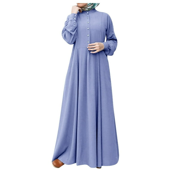 WTOBBY Women's Long Sleeve Button Down Casual Solid Color Round Neck Maxi Dress Modest Muslim-Friendly Robe Design for Relaxed Outings and Home Wear,Blue L
