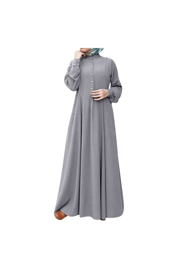 Women's Long Sleeve Button Down Casual Solid Color Round Neck Maxi Dress Modest Muslim-Friendly Robe Design for Relaxed Outings and Home Wear,Gray XL