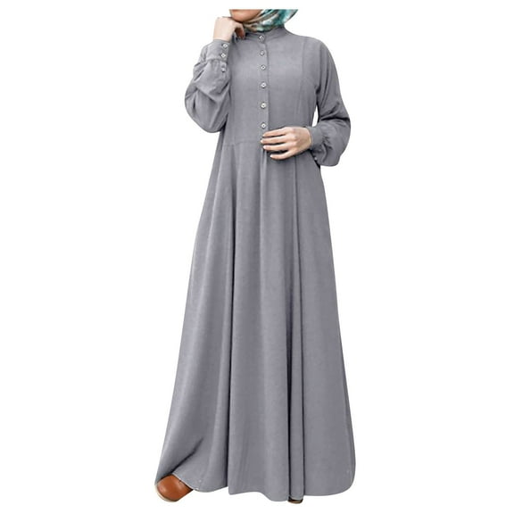 WTOBBY Women's Long Sleeve Button Down Casual Solid Color Round Neck Maxi Dress Modest Muslim-Friendly Robe Design for Relaxed Outings and Home Wear,Gray XL