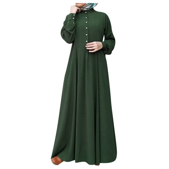 WTOBBY Women's Long Sleeve Button Down Casual Solid Color Round Neck Maxi Dress Modest Muslim-Friendly Robe Design for Relaxed Outings and Home Wear,Green L