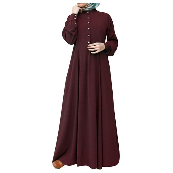 WTOBBY Women's Long Sleeve Button Down Casual Solid Color Round Neck Maxi Dress Modest Muslim-Friendly Robe Design for Relaxed Outings and Home Wear,Wine L