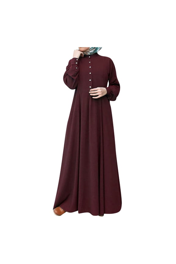 Women's Long Sleeve Button Down Casual Solid Color Round Neck Maxi Dress Modest Muslim-Friendly Robe Design for Relaxed Outings and Home Wear,Wine M