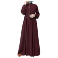 thumbnail image 1 of WTOBBY Women's Long Sleeve Button Down Casual Solid Color Round Neck Maxi Dress Modest Muslim-Friendly Robe Design for Relaxed Outings and Home Wear,Wine XL, 1 of 5