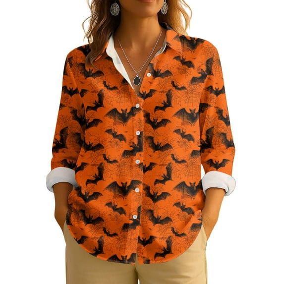 WTOBBY Women's Long Sleeve Casual Button Up Shirt with Retro Halloween Print, Perfect for Everyday Wear and Seasonal Events, Featuring Classic Collar Design for Comfortable Outfits,Ginger 2XL