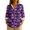 thumbnail image 1 of WTOBBY Women's Long Sleeve Casual Button Up Shirt with Retro Halloween Print, Perfect for Everyday Wear and Seasonal Events, Featuring Classic Collar Design for Comfortable Outfits,Dark Purple S, 1 of 4