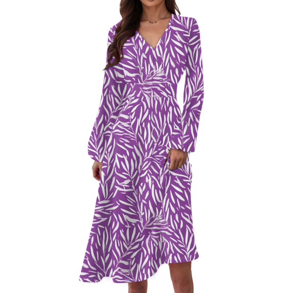 WTOBBY Women's Long Sleeve Casual Floral Print V-Neck Waist Long Dress Flowy Maxi Style with Adjustable Tie Versatile Print for Seasonal Outings Lightweight Fabric,Purple XL