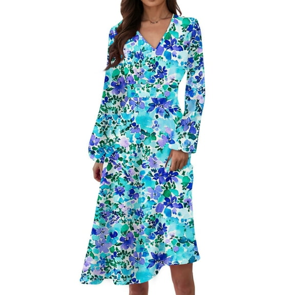 WTOBBY Women's Long Sleeve Casual Floral Print V-Neck Waist Long Dress Flowy Maxi Style with Adjustable Tie Versatile Print for Seasonal Outings Lightweight Fabric,Cyan S