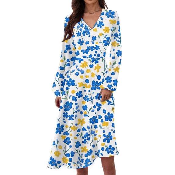 WTOBBY Women's Long Sleeve Casual Floral Print V-Neck Waist Long Dress Flowy Maxi Style with Adjustable Tie Versatile Print for Seasonal Outings Lightweight Fabric,Sky Blue XL
