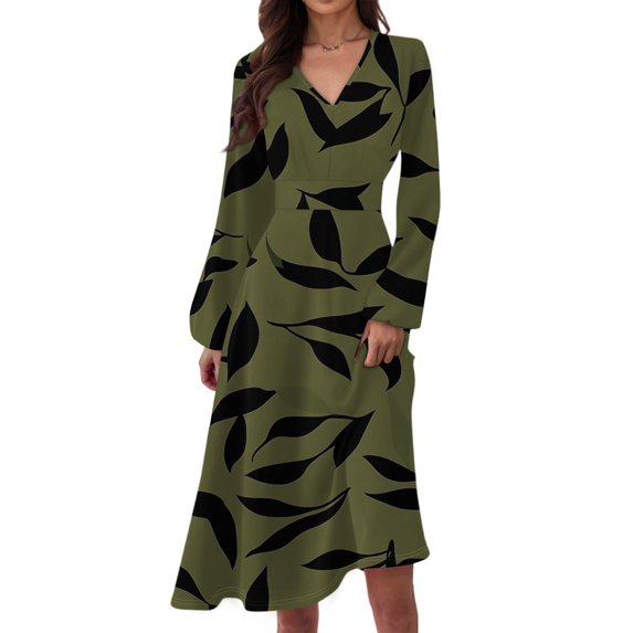 WTOBBY Women's Long Sleeve Casual Floral Print V-Neck Waist Long Dress Flowy Maxi Style with Adjustable Tie Versatile Print for Seasonal Outings Lightweight Fabric,Army Green L