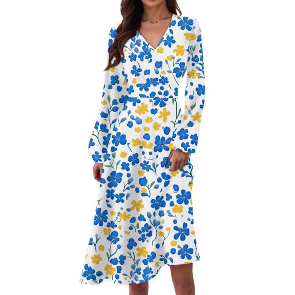 WTOBBY Women's Long Sleeve Casual Floral Print V-Neck Waist Long Dress Flowy Maxi Style with Adjustable Tie Versatile Print for Seasonal Outings Lightweight Fabric,Sky Blue S