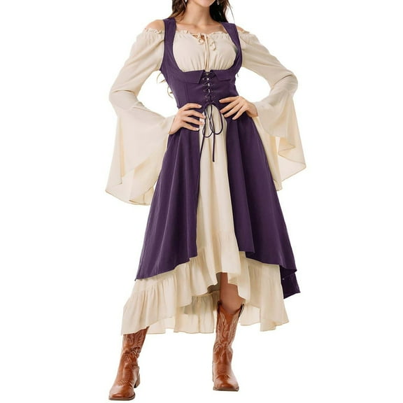 WTOBBY Women's Long Sleeve Fall Casual Dress with Loose Fit and Pleated Front Pockets - Comfortable and Stylish Renaissance-Inspired Dress for Autumn,Purple M