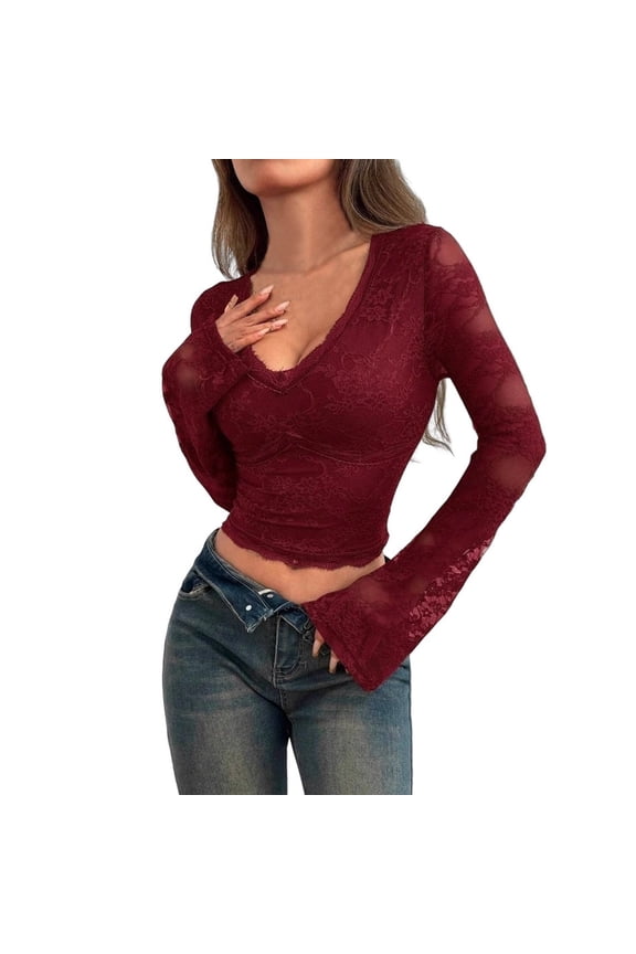 Women's Long Sleeve Lace Stitching Blouse, Bell Sleeve Tunic Top, Slim Fit Shirt with Feminine Detail, Casual Fashion Wear,Red XS