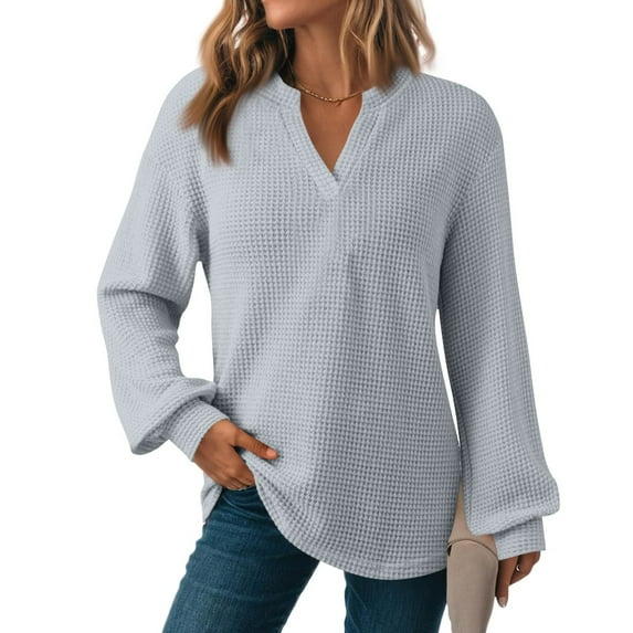 WTOBBY Women's Long Sleeve V-Neck Casual Knit Top - Solid Color Waffle Texture Everyday Wear Spring Fall Fashion Tunic Blouse for Women, Stylish Comfort Stretch Fabric,Gray S