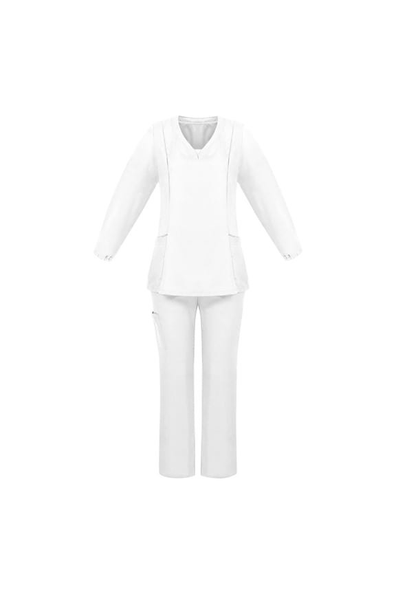 Women's Long Sleeve V-Neck Scrubs Top with Chest Pocket & Elastic Waist Pants, 2-Piece Work Uniform Set,Medical Nursing Uniform for Women, Healthcare Worker Outfit,White 2XL