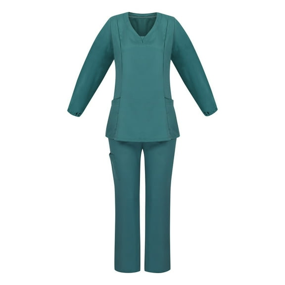 WTOBBY Women's Long Sleeve V-Neck Scrubs Top with Chest Pocket & Elastic Waist Pants, 2-Piece Work Uniform Set,Medical Nursing Uniform for Women, Healthcare Worker Outfit,Green L