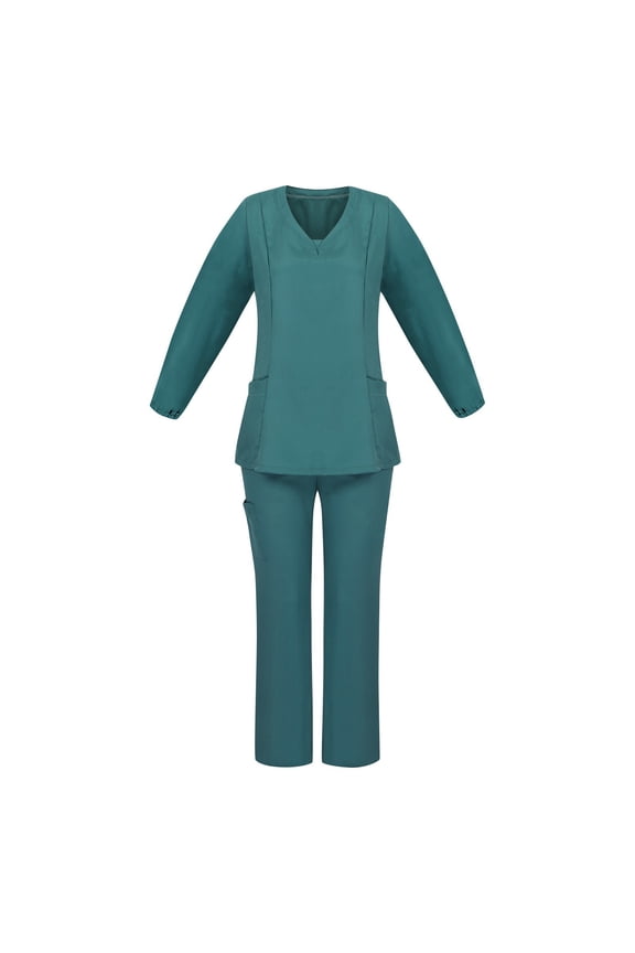 Women's Long Sleeve V-Neck Scrubs Top with Chest Pocket & Elastic Waist Pants, 2-Piece Work Uniform Set,Medical Nursing Uniform for Women, Healthcare Worker Outfit,Green L