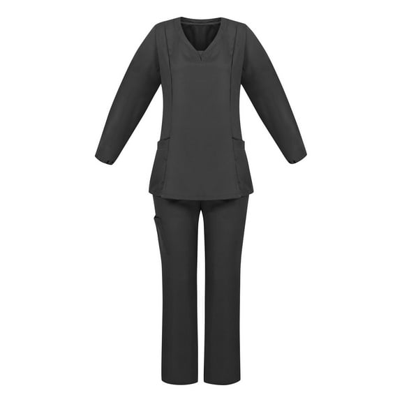 WTOBBY Women's Long Sleeve V-Neck Scrubs Top with Chest Pocket & Elastic Waist Pants, 2-Piece Work Uniform Set,Medical Nursing Uniform for Women, Healthcare Worker Outfit,Black XL