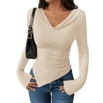 thumbnail image 1 of WTOBBY Women's Long Sleeve V-Neck Shirt Slim Fit Blouse Top, Asymmetric Hem Stacked Neck Sexy Going Out Tops for Fall Events,Beige L, 1 of 4