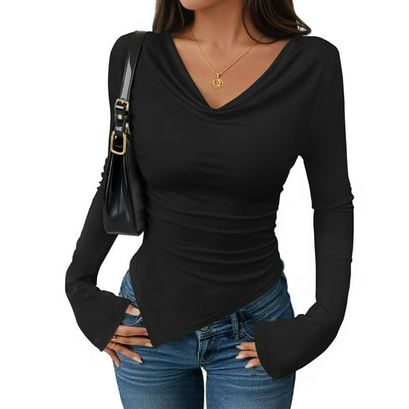 WTOBBY Women's Long Sleeve V-Neck Shirt Slim Fit Blouse Top, Asymmetric Hem Stacked Neck Sexy Going Out Tops for Fall Events,Black M