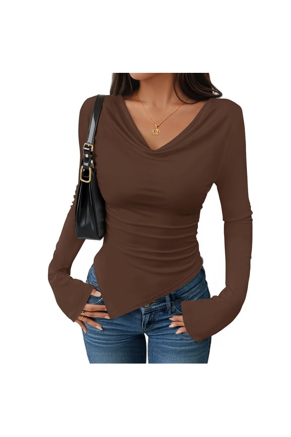 Women's Long Sleeve V-Neck Shirt Slim Fit Blouse Top, Asymmetric Hem Stacked Neck Sexy Going Out Tops for Fall Events,Brown 2XL
