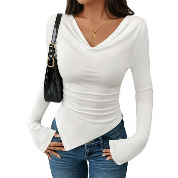 WTOBBY Women's Long Sleeve V-Neck Shirt Slim Fit Blouse Top, Asymmetric Hem Stacked Neck Sexy Going Out Tops for Fall Events,White M