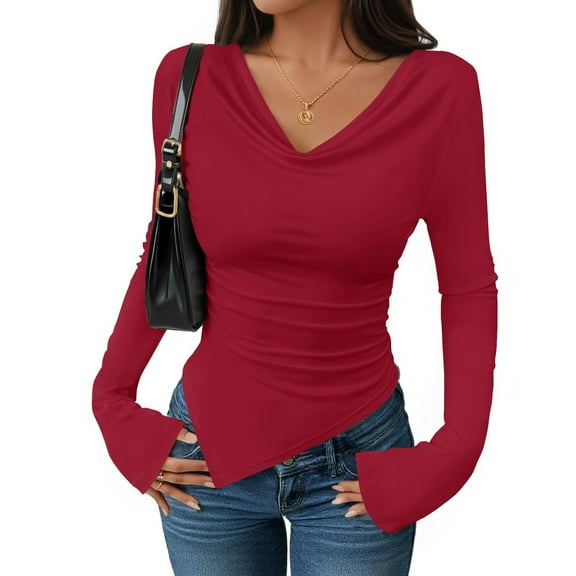 WTOBBY Women's Long Sleeve V-Neck Shirt Slim Fit Blouse Top, Asymmetric Hem Stacked Neck Sexy Going Out Tops for Fall Events,Wine S