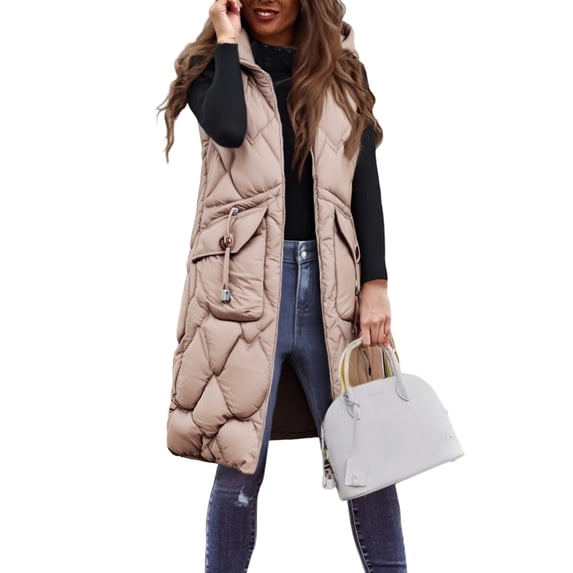 WTOBBY Women's Long Vest Plain Sleeveless Hood Winter Vest Outwear Jacket, Lightweight and Warm Layering Piece for Cool Weather Activities,Khaki L