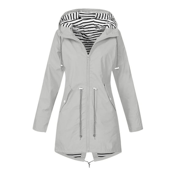 WTOBBY Women's Longline Outdoor Sun Raincoat - Waterproof Windproof Hooded Jacket with Striped Design for All Seasons and Weather Conditions ,Light Gray L