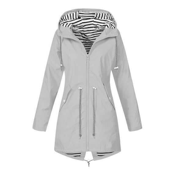 WTOBBY Women's Longline Outdoor Sun Raincoat - Waterproof Windproof Hooded Jacket with Striped Design for All Seasons and Weather Conditions ,Light Gray M