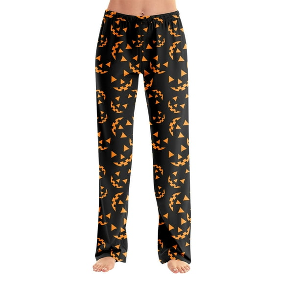 WTOBBY Women's Loose Casual Halloween Print Sleep Pants without Drawstring for Home Nightwear Fashion Straight Yoga Pants with Elastic Waist Comfort,Black L