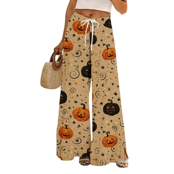 WTOBBY Women's Loose Casual Halloween Printed Wide Leg Pants, Elastic Waistband Drawstring with Pocket, Novelty Fall Seasonal Trousers,Earthy Yellow S