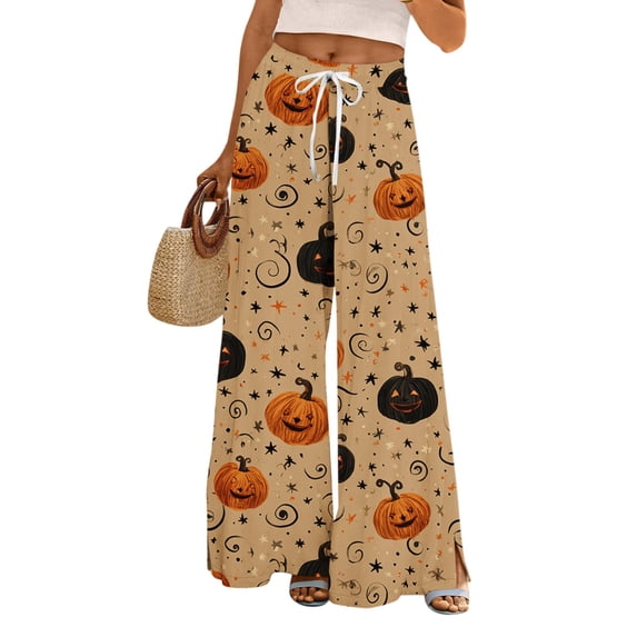 WTOBBY Women's Loose Casual Halloween Printed Wide Leg Pants, Elastic Waistband Drawstring with Pocket, Novelty Fall Seasonal Trousers,Earthy Yellow S