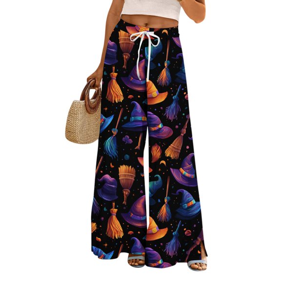 WTOBBY Women's Loose Casual Halloween Printed Wide Leg Pants, Elastic Waistband Drawstring with Pocket, Novelty Fall Seasonal Trousers,Dark Purple S