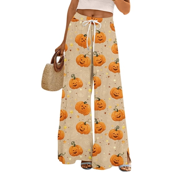 WTOBBY Women's Loose Casual Halloween Printed Wide Leg Pants, Elastic Waistband Drawstring with Pocket, Novelty Fall Seasonal Trousers,Ginger S