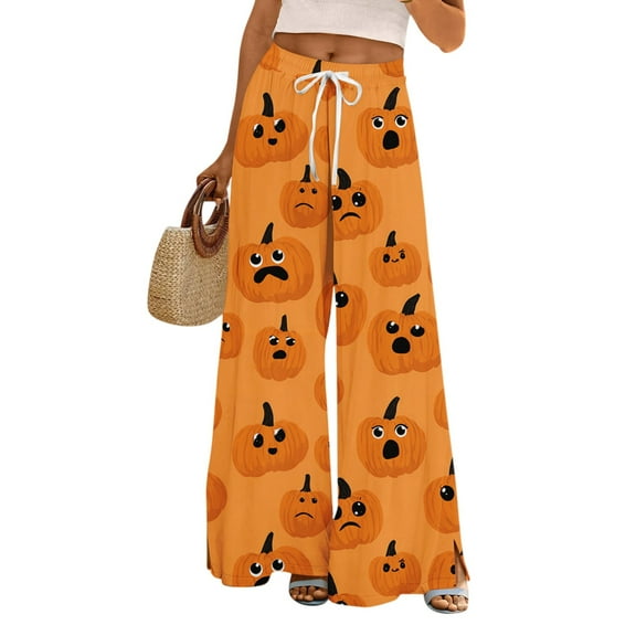 WTOBBY Women's Loose Casual Halloween Printed Wide Leg Pants, Elastic Waistband Drawstring with Pocket, Novelty Fall Seasonal Trousers,Orange S