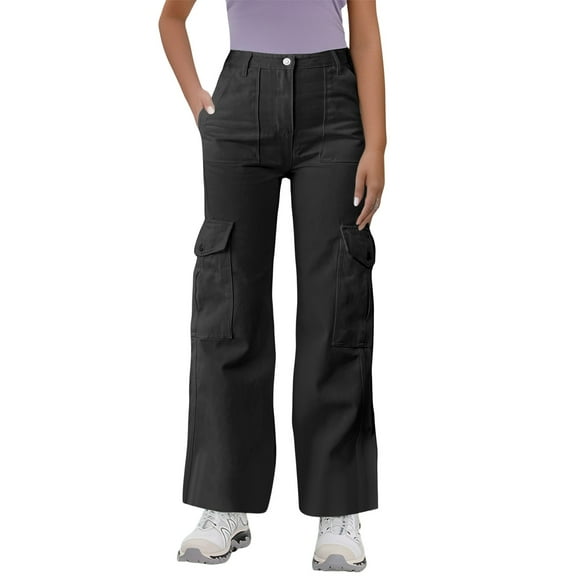 WTOBBY Women's Loose Casual Mid Waist Work Pants with 3D Pockets, Solid Color Utility Trousers with Drawstring for Outdoor and Daily Use,Black M