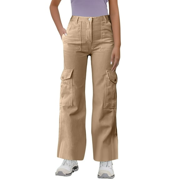 WTOBBY Women's Loose Casual Mid Waist Work Pants with 3D Pockets, Solid Color Utility Trousers with Drawstring for Outdoor and Daily Use,Khaki L