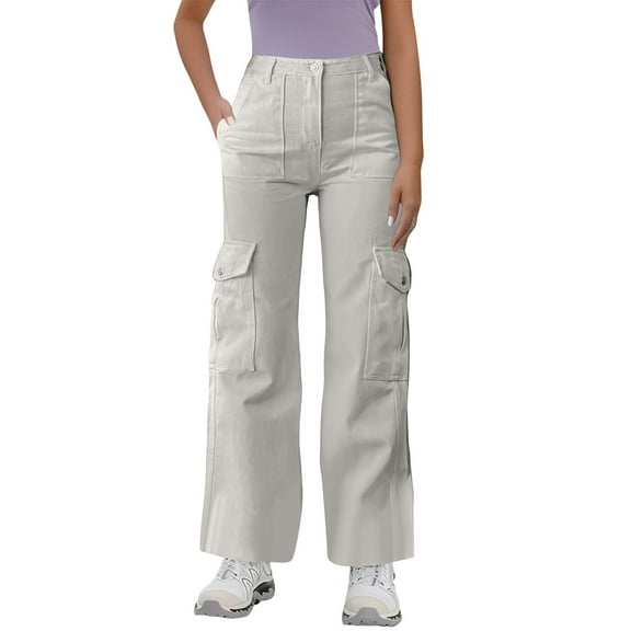 WTOBBY Women's Loose Casual Mid Waist Work Pants with 3D Pockets, Solid Color Utility Trousers with Drawstring for Outdoor and Daily Use,Light Gray S