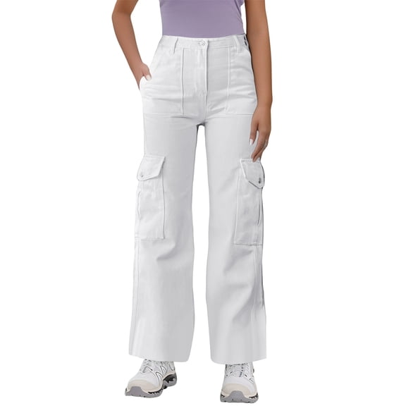 WTOBBY Women's Loose Casual Mid Waist Work Pants with 3D Pockets, Solid Color Utility Trousers with Drawstring for Outdoor and Daily Use,White S